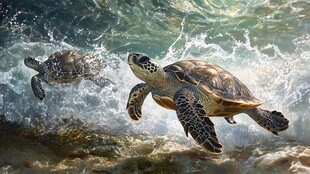 海龟在海浪中畅游的瞬间