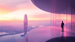 夕阳下的都市观景者