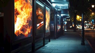夜晚街头燃着火焰的广告牌
