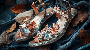 华丽花卉装饰的精致女凉鞋