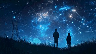 仰望星空的父子身影