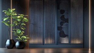 中式屏风旁的绿植装饰