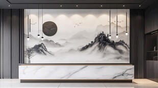 中式山水风格前台背景墙