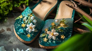 绿底花朵装饰精致凉拖鞋