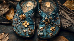 复古雕花蓝底凉鞋美物