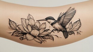 手臂上的蜂鸟花卉纹身