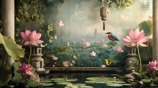 梦幻荷塘中的翠鸟与繁花