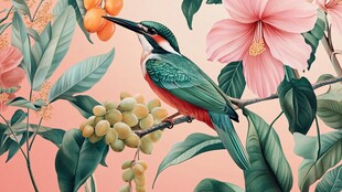 翠鸟栖花树间的美妙瞬间