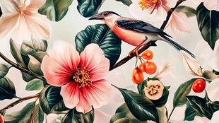 花鸟图 枝头鸟与娇艳花卉