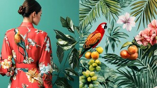 热带印花红袍与鹦鹉图景