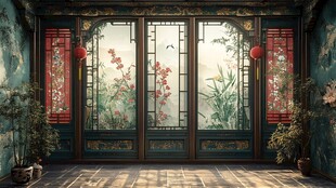 中式古典门窗庭院景致