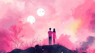 浪漫情侣共赏梦幻粉色天际