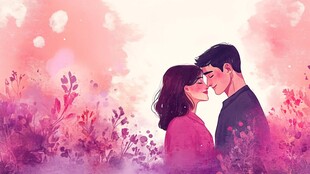 浪漫情侣在花海中深情相依