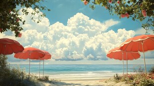 海边红伞下的惬意风景