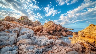 海岸边嶙峋岩石与蓝天美景