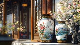 中式庭院里的精美陶瓷花瓶