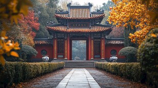 秋日红亭 古韵园林之美