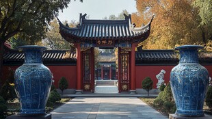 中式庭院大门与蓝瓷花瓶