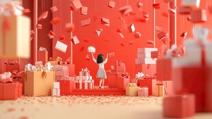 女孩置身缤纷礼物欢庆场景