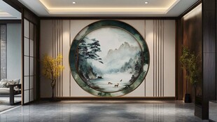 中式客厅圆形山水装饰画