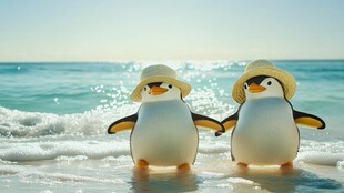 海滩上戴帽的可爱企鹅