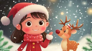 女孩与驯鹿的温馨圣诞时刻