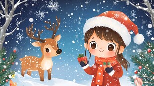 女孩与驯鹿的冬日圣诞场景