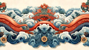 中式海浪古建筑祥瑞图景