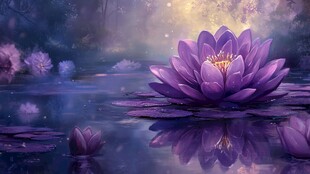 梦幻紫莲绽放于静谧湖面