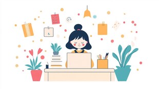 女孩专注于桌前的笔记本电脑