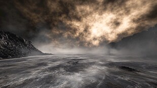 风暴中的壮阔海面与山峦
