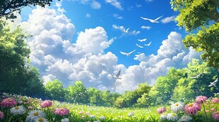 梦幻绿野繁花飞鸟晴空