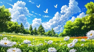 夏日花海蓝天白云飞鸟图