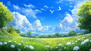 春日绿野蓝天飞鸟美景