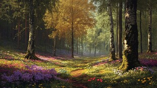 梦幻森林中的多彩花卉小径