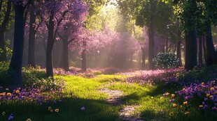 梦幻春日森林小径美景