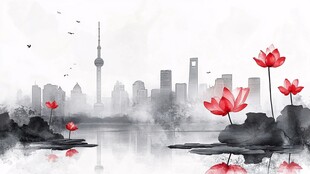 水墨都市荷花景