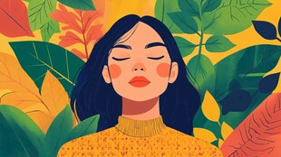 闭眼女子置身多彩叶间