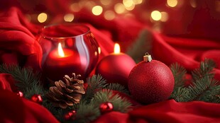 圣诞红绸上的烛光与装饰