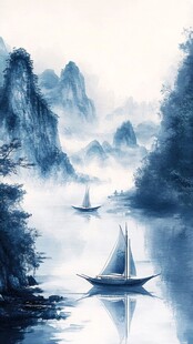江上轻舟伴雾漫山景