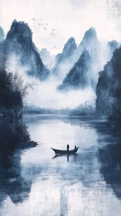 水墨山水间的孤舟逸景