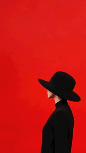 红背景下的黑色帽装女性