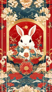 玉兔贺岁花卉国风插画