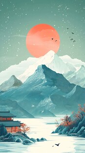 落日下的山水中式美景