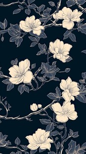 深蓝色底玉兰花枝图案