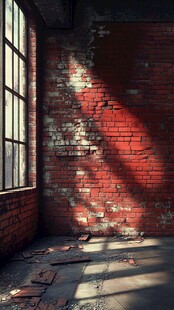 破旧红砖墙房间光影斑驳