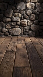 石墙木地板的室内场景