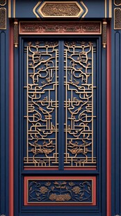 中式古典雕花蓝漆木门