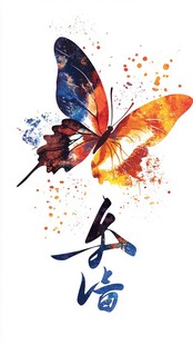 水彩蝴蝶与汉字艺术画面