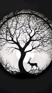 月夜下的鹿与枯树剪影